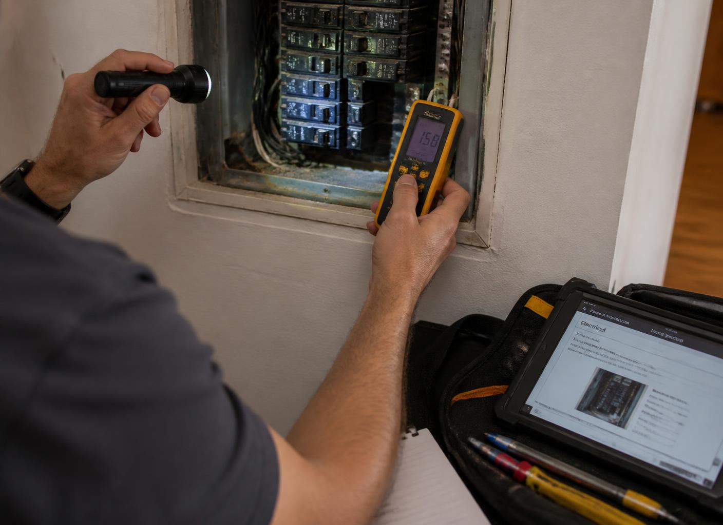 Home inspector testing an electrical panel during a home inspection in Lexington, SC